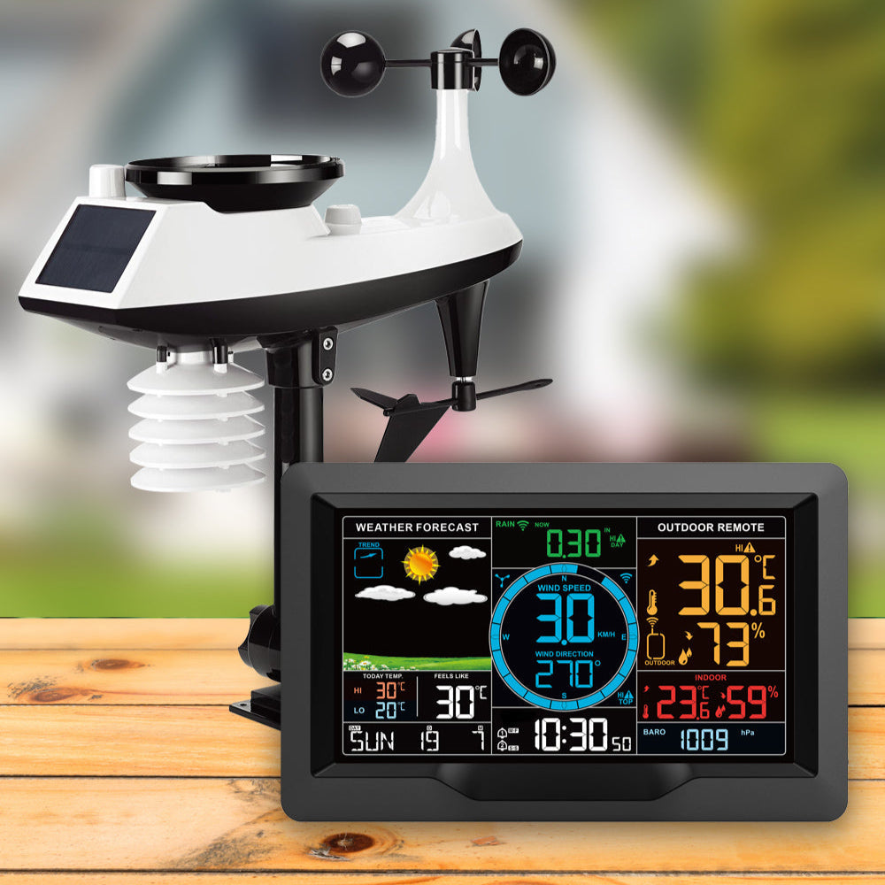 Wireless Weather Station Clock - Indoor/Outdoor Thermometer & Hygrometer with Forecast, Wind/Rain/Moon, Air Pressure Sensor