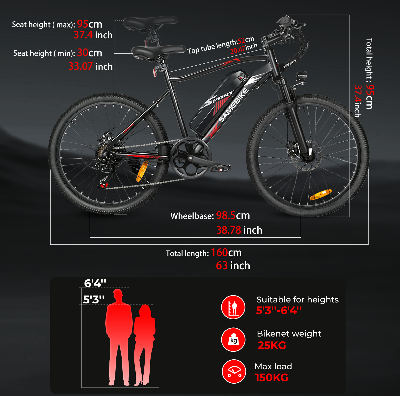 Electric Bicycle 36V 13Ah 350W Motor ecommended Top Speed 25KM/H 24 Inch Tires 90km Max Range 150kg Max Load 7 Speed Shiman0 Gear System