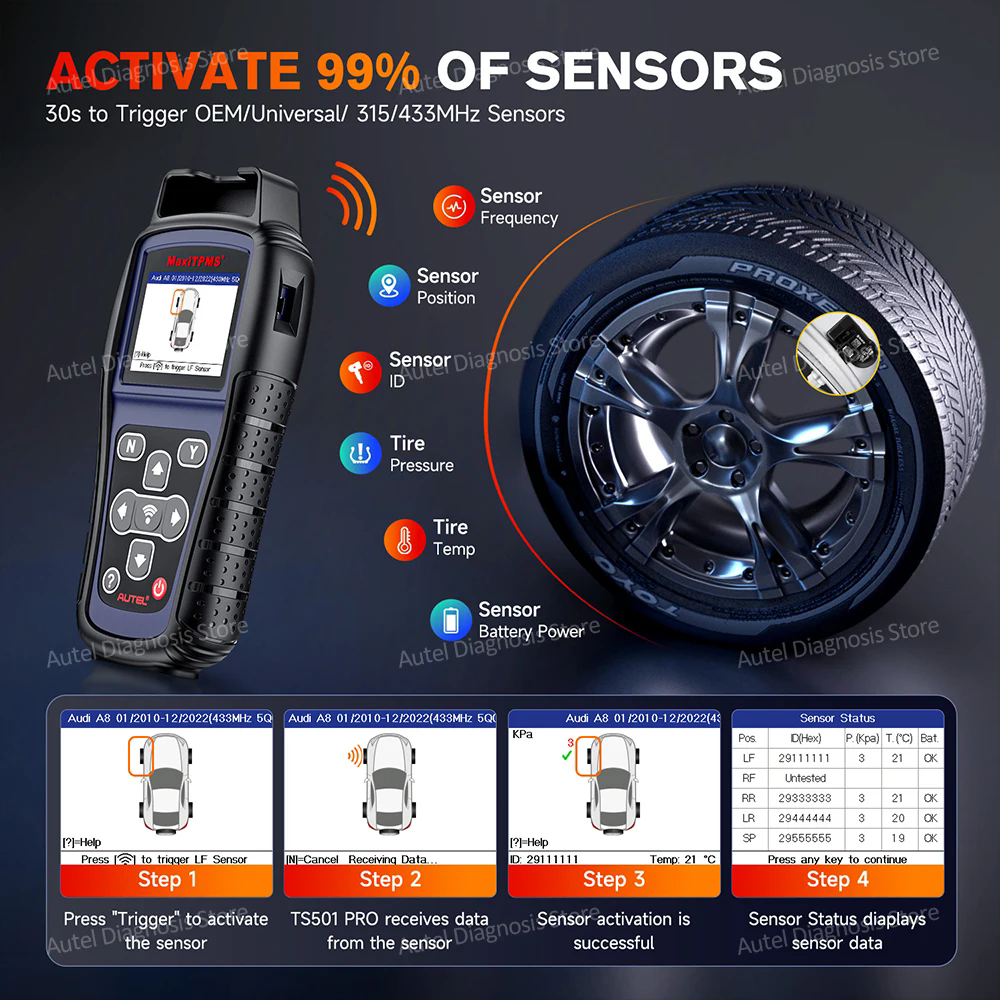 TPMS Diagnostic Scanner Tool LCD Display 2400mAh Lithium-polymer Battery Tire Type Pressure Selection