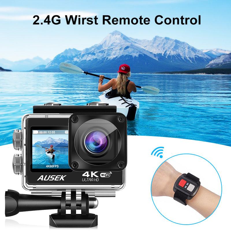 4K 60FPS WiFi Camera with Dual Color Screen 170° Wide Viewing 30M Waterproof EIS Anti-shake Outdoors Sports Camera