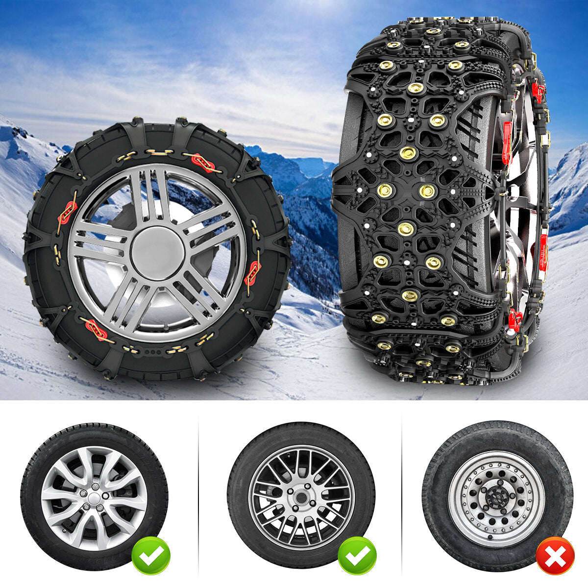 2pcs Full Cover Tire Snow Chains Anti-Slip Sand Muddy Roads with Quenched Steel Studs Winter Safety Emergency Necessities