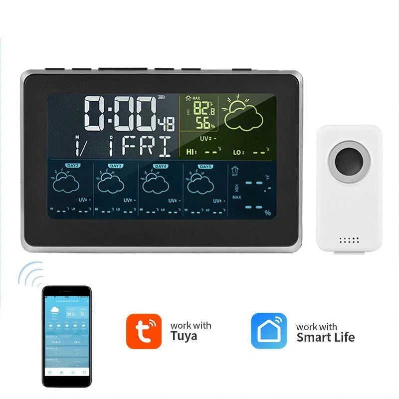 WiFi Weather Station Alarm Clock - Wireless Indoor/Outdoor Thermometer, Works with Tuya/Smart Life, 12/24H, Date/Week Display
