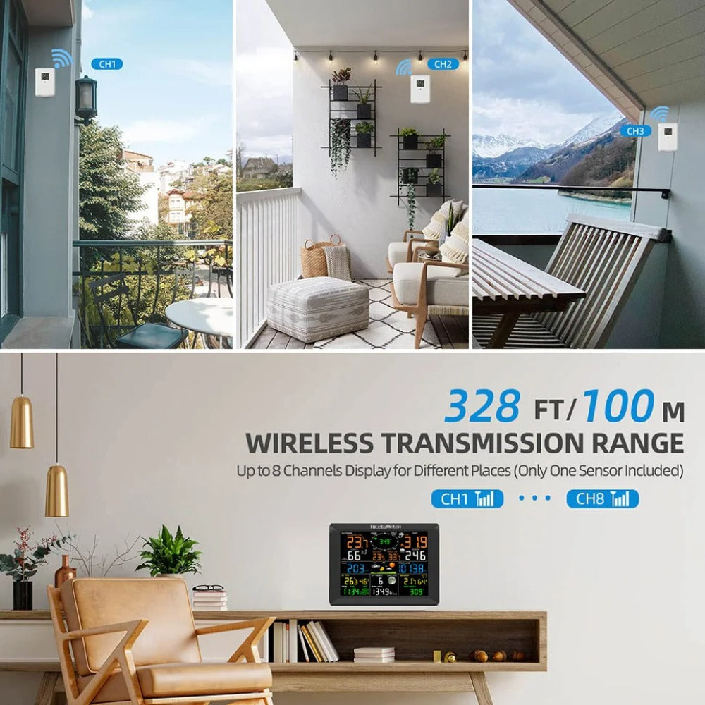 7-in-1 WiFi Weather Station with Outdoor Sensor - Temp/Humidity/Pressure/Wind/Rain/Moon Forecast, Wireless Indoor Clock