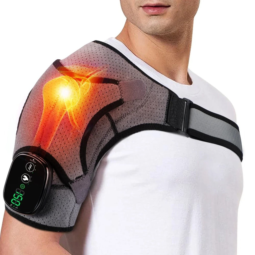 Heated Shoulder Steamer Brace - 3-in-1 Massage & Heat Therapy, Adjustable Straps, 5000mAh Battery, Grey/Black
