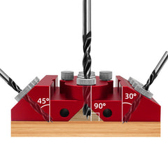 V-Drill Guide: Versatile Aluminum Drill Guide for 30°, 45°, 90° Angles, 4 Hole Sizes, Customizable Center, Extension Bar