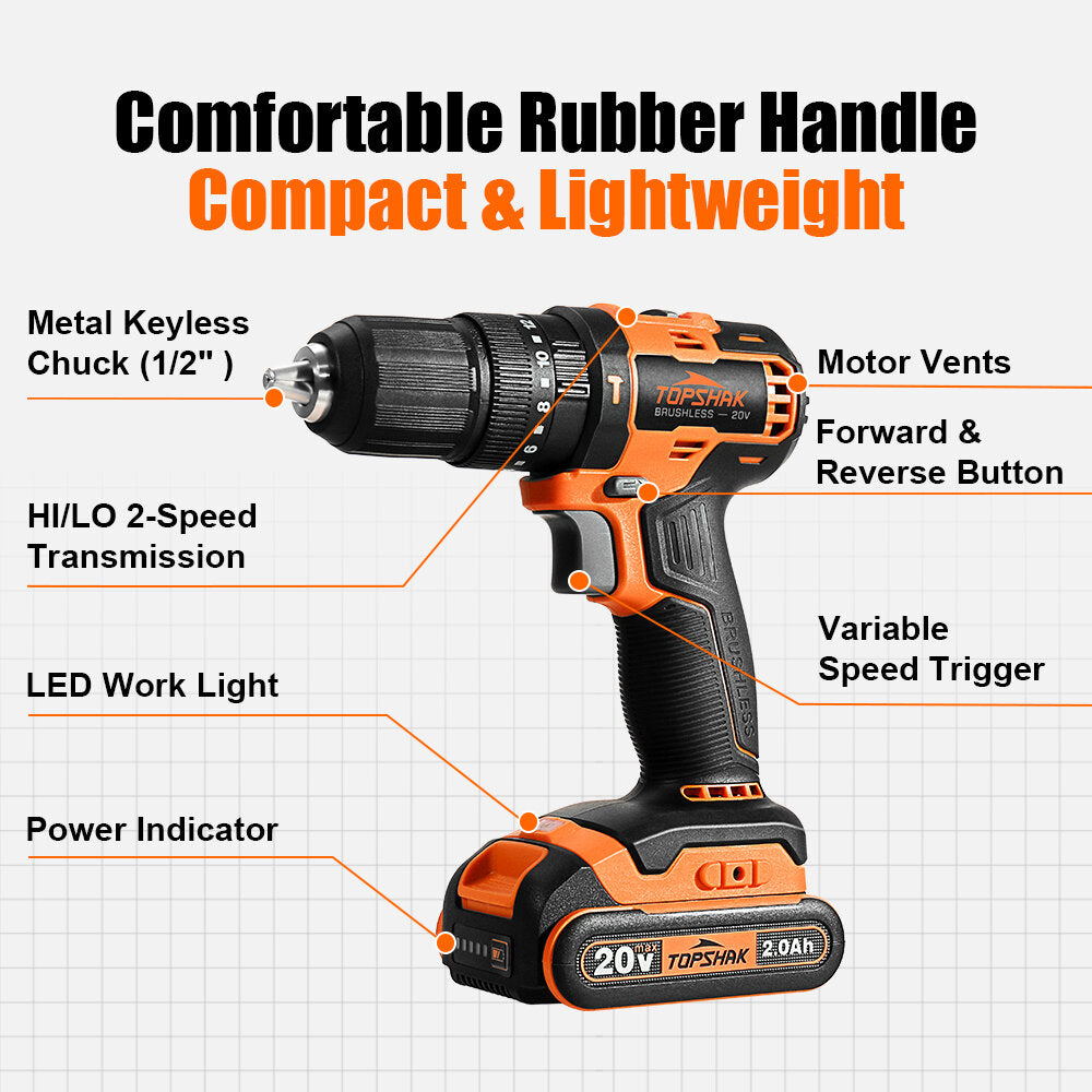 20V 13mm Brushless Impact Electric Drill 45N.m Torque 0-1650RPM Variable Speed