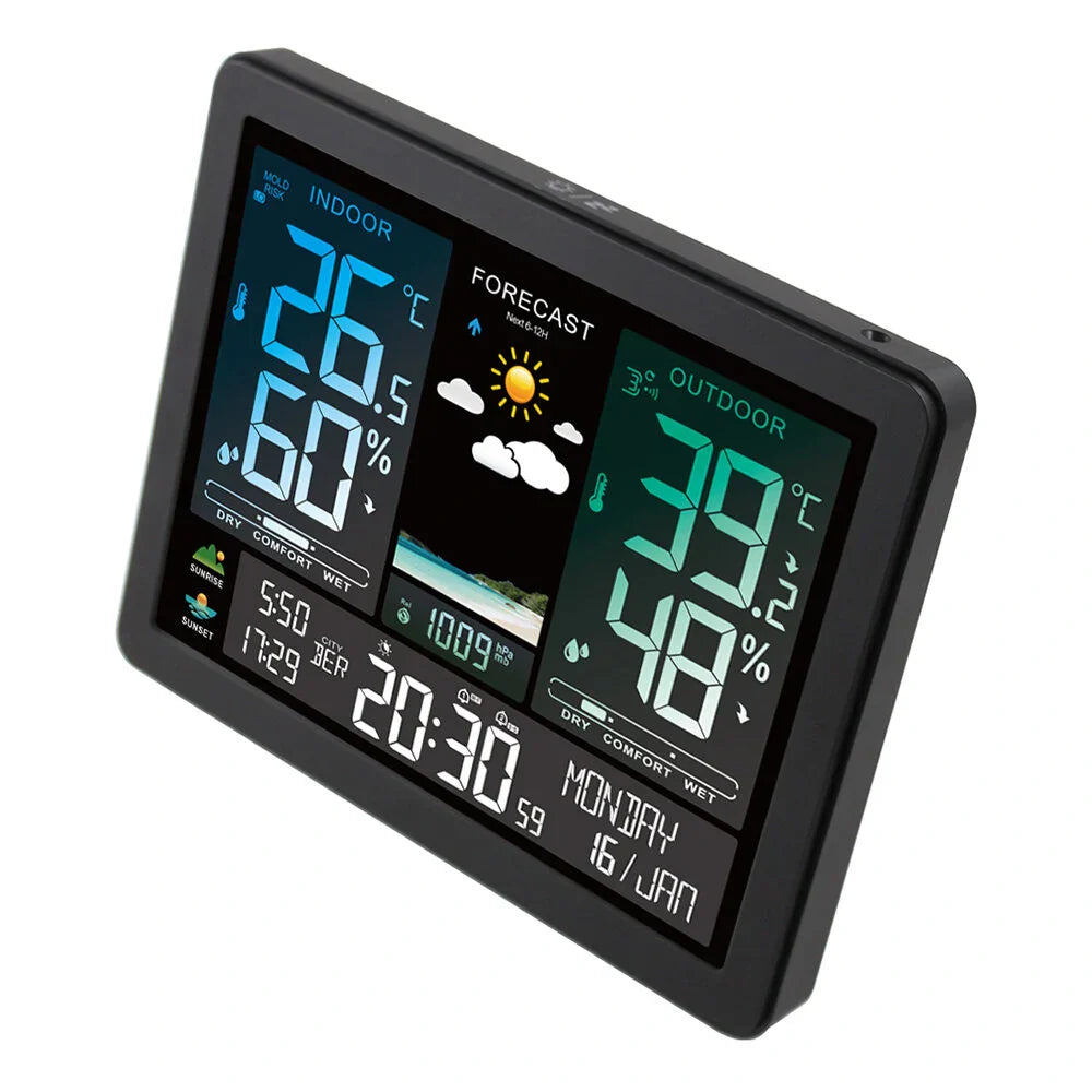 Weather Station Alarm Clock Wireless Indoor Outdoor Thermometer with Atomic Clock Forecast Station with Calendar and Adjustable Backlight
