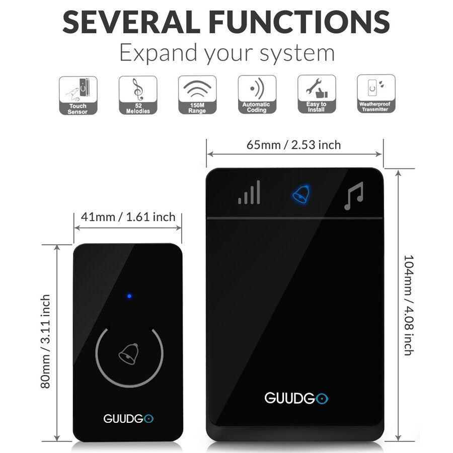 Wireless Touch Screen Music Doorbell Portable Waterproof Doorbell 52 Melody Chime