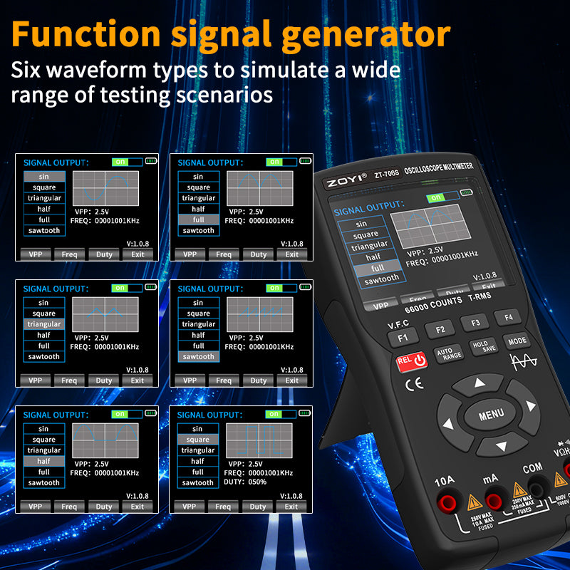 Handheld Oscilloscope Multimeter 3-In-1 Dual Channel 50MHz 280MSa/s 66000 Counts Signal Generator IPS Display