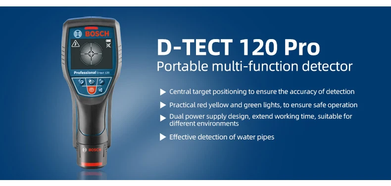Professional D-TECT120 Wall Scanner Radar Technology Metal/Cable/Wood/Water Pipe/Wire High-precision Wall Gold plumb Dual Power Source Waterproof Construction Tool