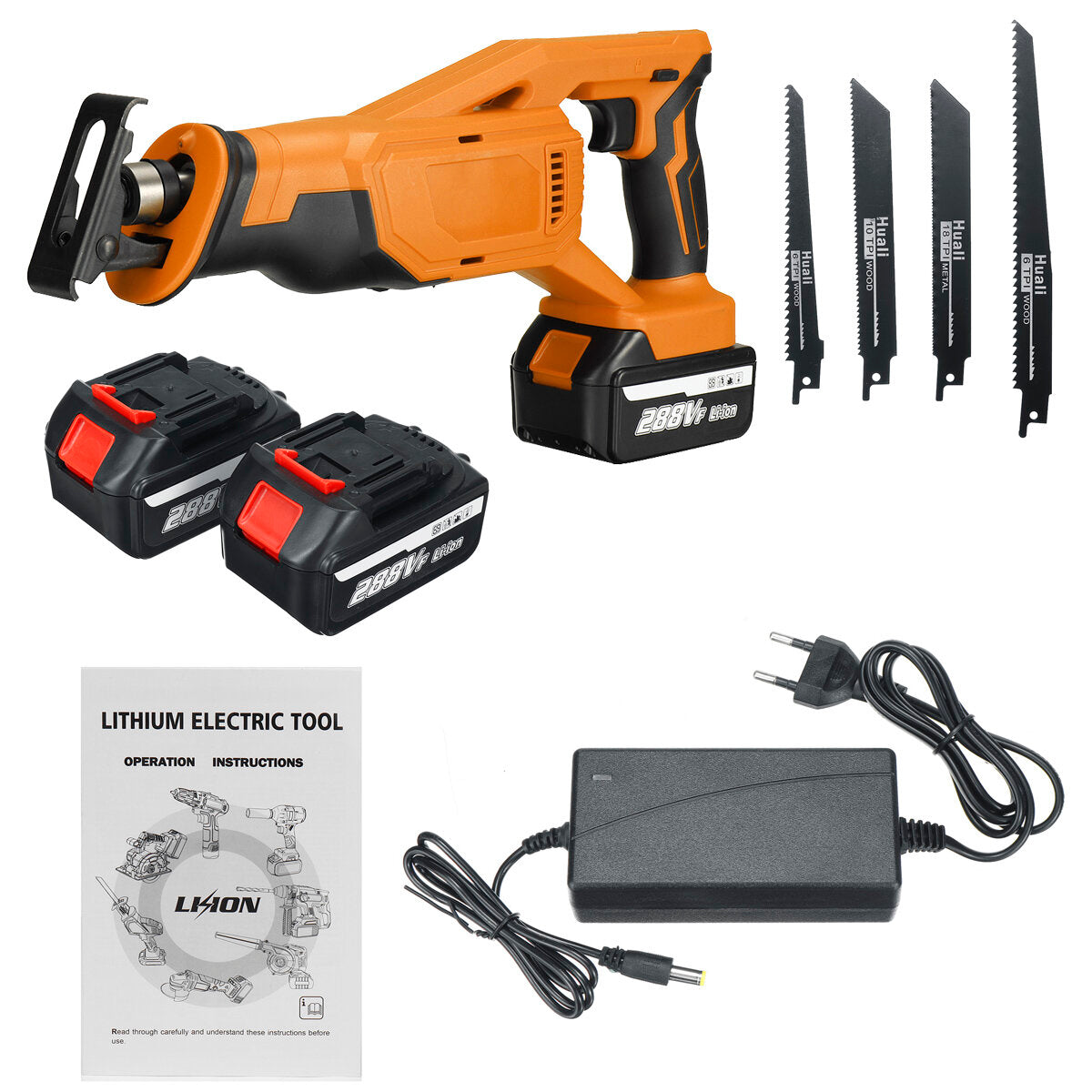 Cordless Reciprocating Saw Rechargeable Electric Recip Sabre Saw W/ 4pcs Blade & 2pcs Battery Wood Metal Plastic Sawing Tool
