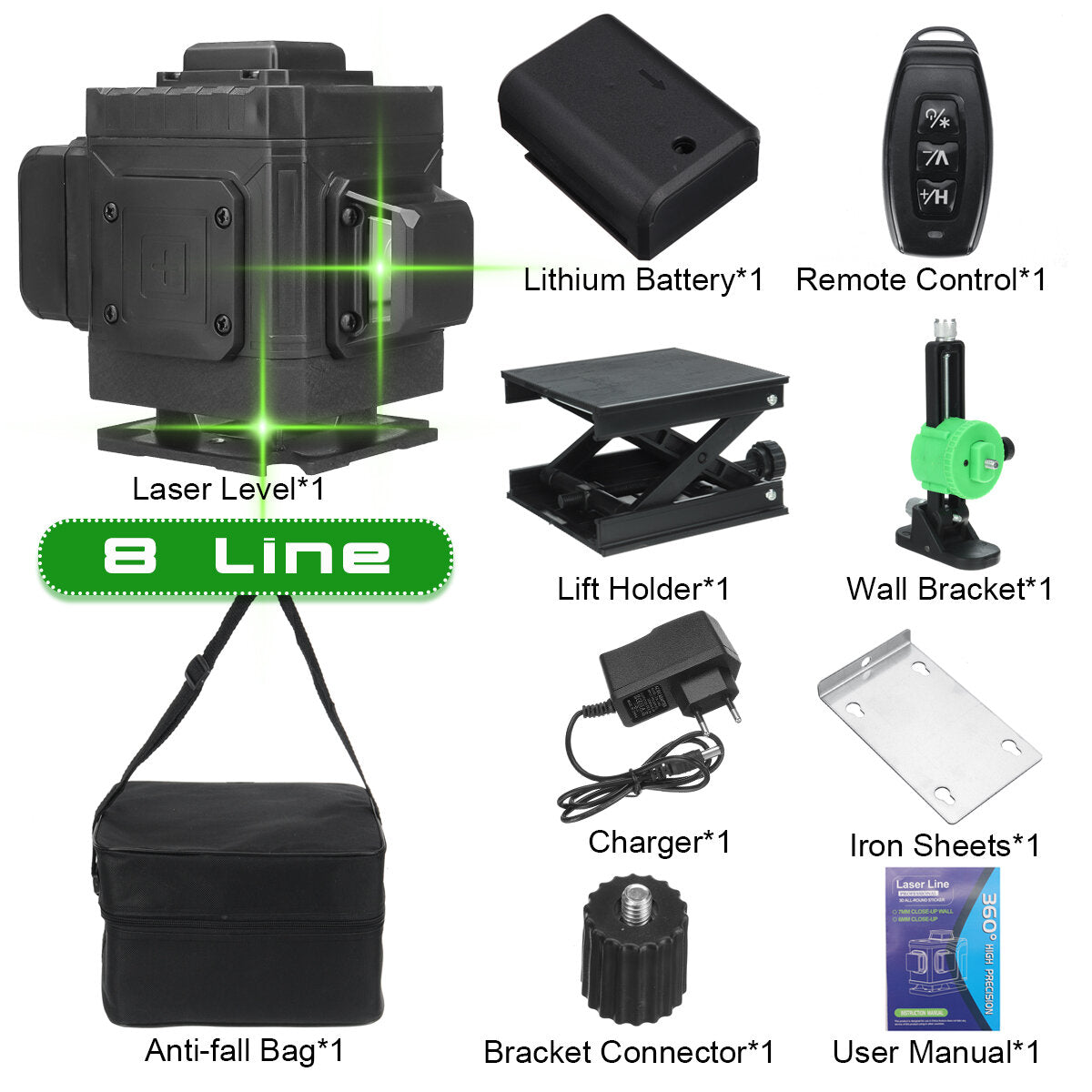 16/12/8 Line 360 4D Horizontal Vertical Cross Green Light Laser Level Self-Leveling Measure Super Powerful Laser Beam