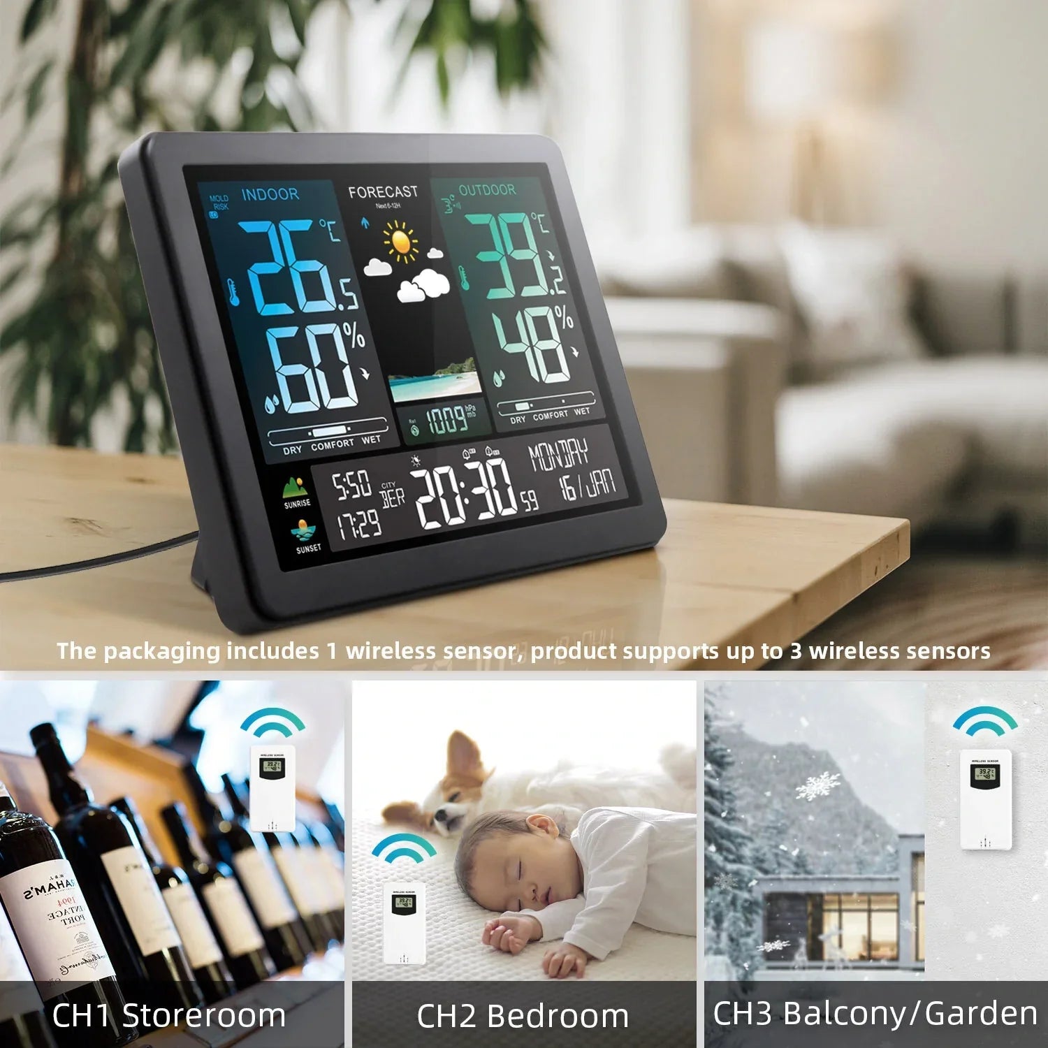 Weather Station Alarm Clock Wireless Indoor Outdoor Thermometer with Atomic Clock Forecast Station with Calendar and Adjustable Backlight