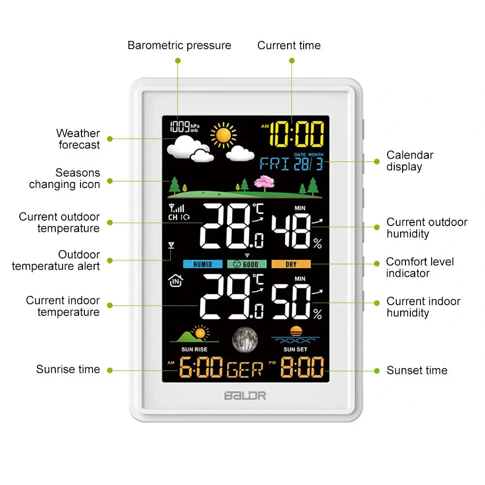 Wireless Digital Color Display Weather Station Clock Barometer Thermometer Hygrometer Trend Sun Time Forecast Sensor -40℃