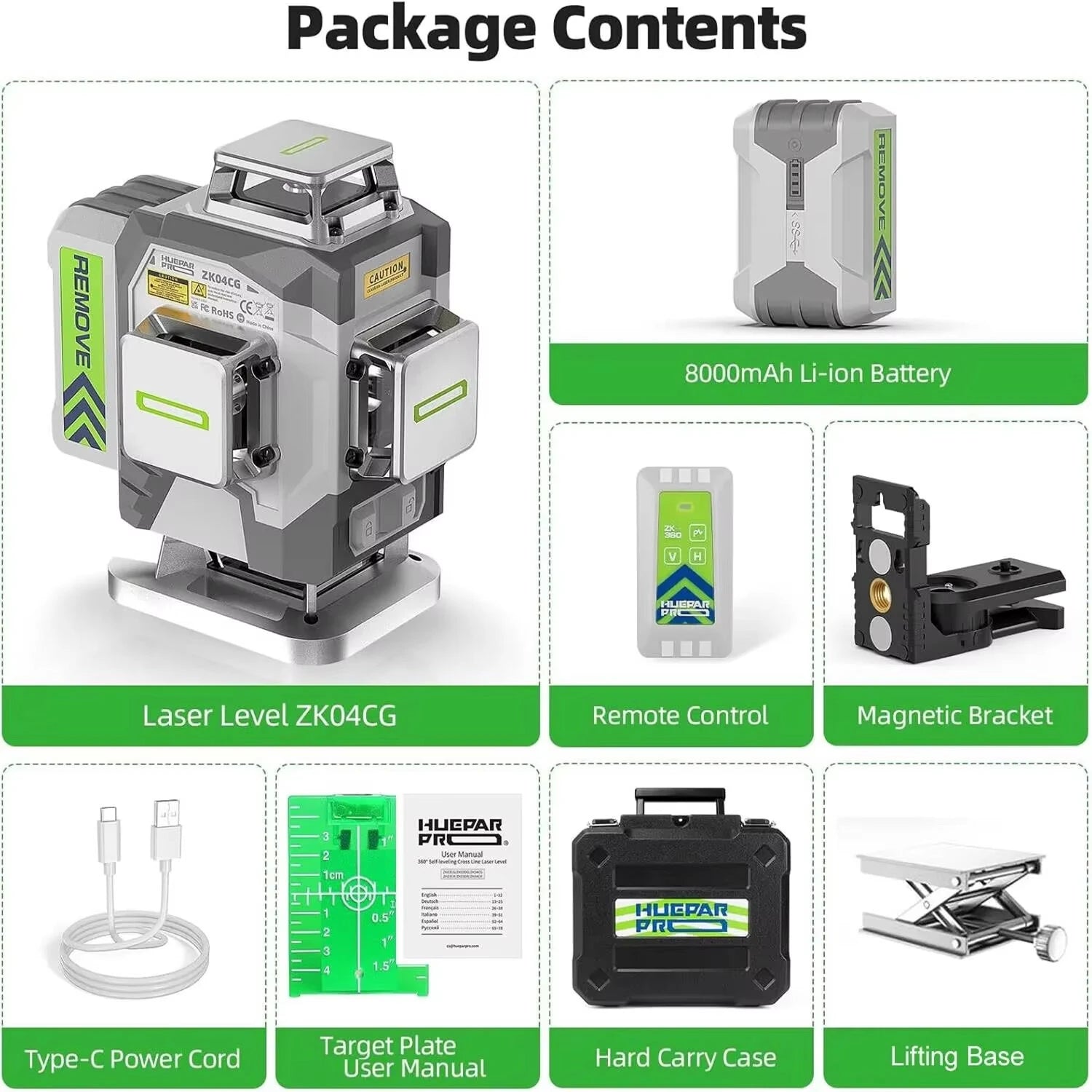 4D 16-Line Green Laser Level, 4x360° Self-Leveling, ±2mm/10m Accuracy, 8000mAh Battery, IP54, USB-C & Remote Control