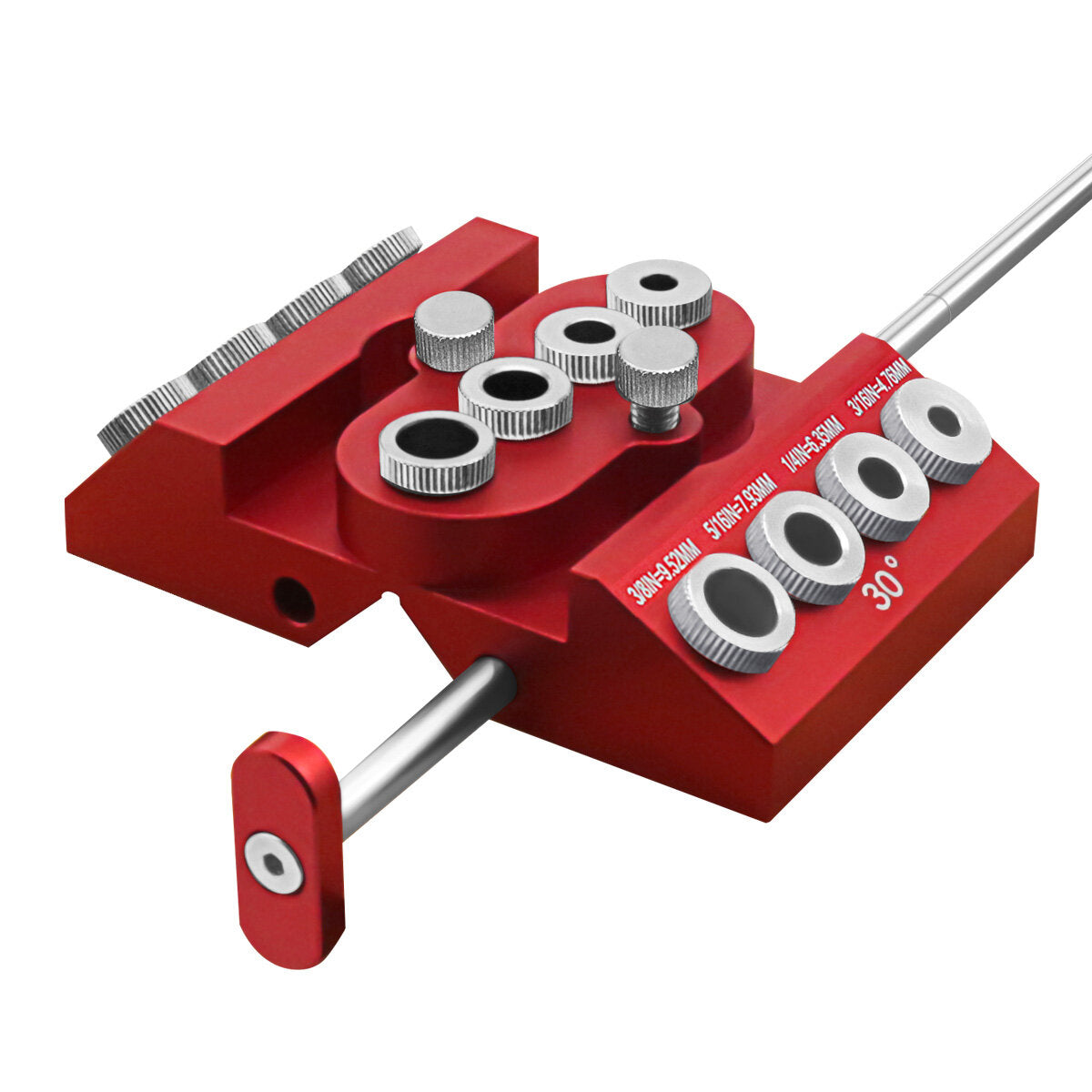 V-Drill Guide: Versatile Aluminum Drill Guide for 30°, 45°, 90° Angles, 4 Hole Sizes, Customizable Center, Extension Bar