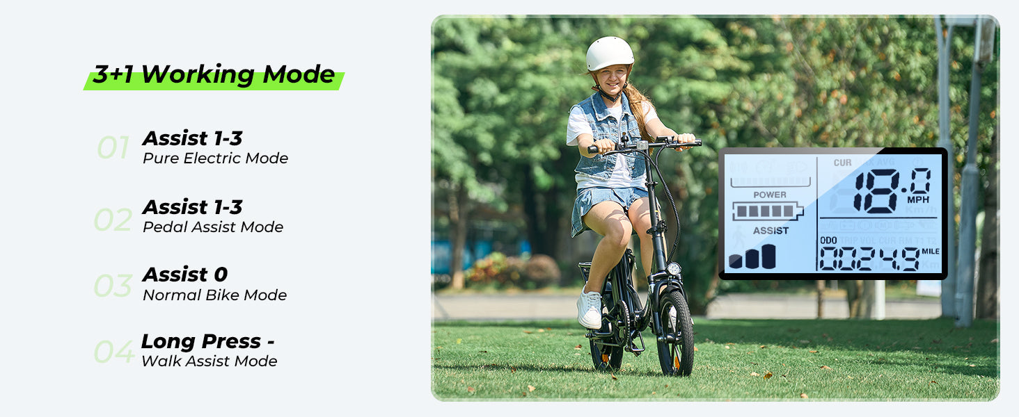 Electric Bike 36V 10.4AH 250W(Peak 500W) Motor Recommended Top Speed 25KM/H 16inch Tire 55-88KM Max Mileage 120KG Max Load