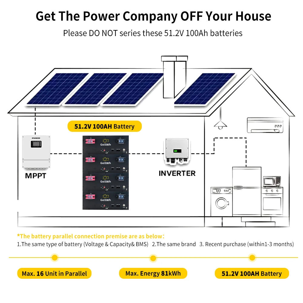 51.2V 100Ah 5120Wh LiFePO4 Energy Storage Battery with Bluetooth Built-in BMS for Home Backup RV and Camping
