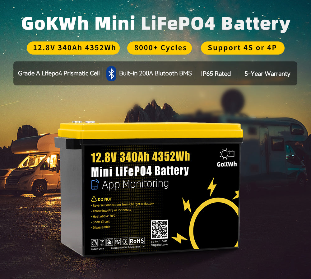 12V 340AH Vehicle Storage Box 4352Wh Mini LiFePO4 Battery Built-in 200A Bluetooth BMS