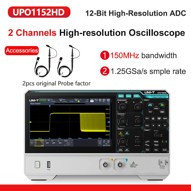 Oscilloscope 2/4 Channels 150MHz Bandwidth 12-bit ADC 1.25GSa/s Sampling Rate Large Storage Depth High-Definition Touch Screen