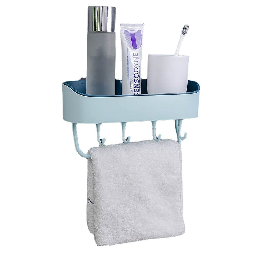 Bathroom Wall-mounted Storage Shelf Kitchen Storage Caddy Rack Organizer Tray Towel Holder No Drill with Hook