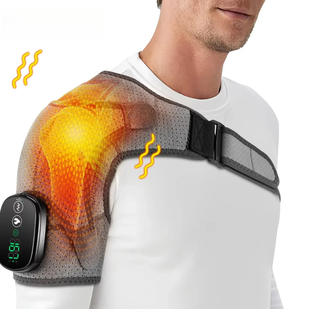 Heated Massage Shoulder Pad with 3 Temperature Settings, Vibration Modes, and Digital Controller - Black/Grey