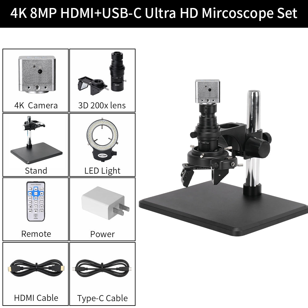 Real 4K UHD 3D Microscope Camera 7- 200X Parfocal Lens Industrial Electronic Digital Microscope for Phone Repair PCB Soldering