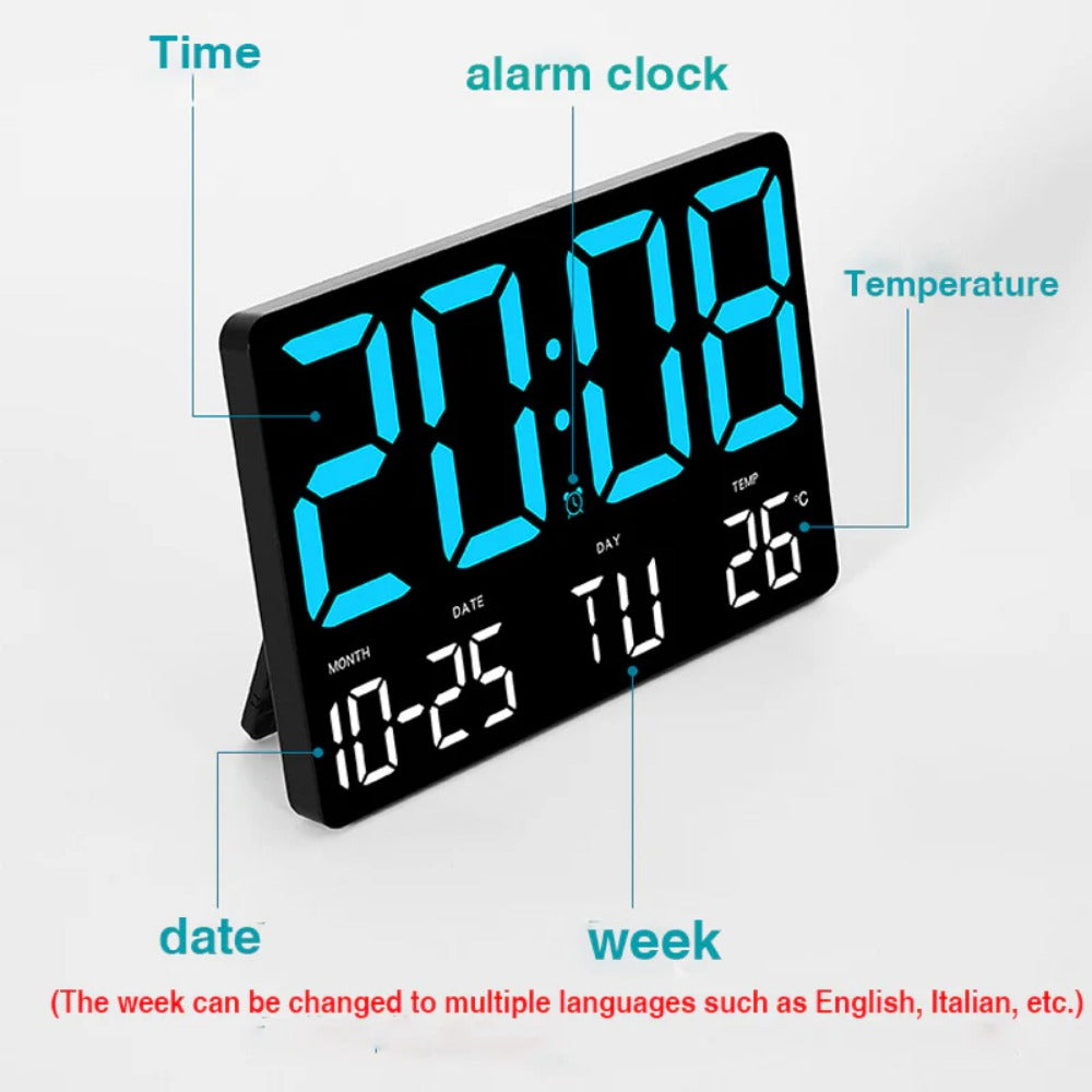 Large Digital Wall Clock with LED Display, Adjustable Brightness, Indoor Temperature, Date, Week, 12/24H for Home, Office, Classroom