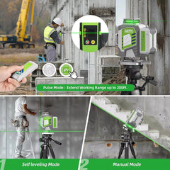 4D 16-Line Green Laser Level, 4x360° Self-Leveling, ±2mm/10m Accuracy, 8000mAh Battery, IP54, USB-C & Remote Control
