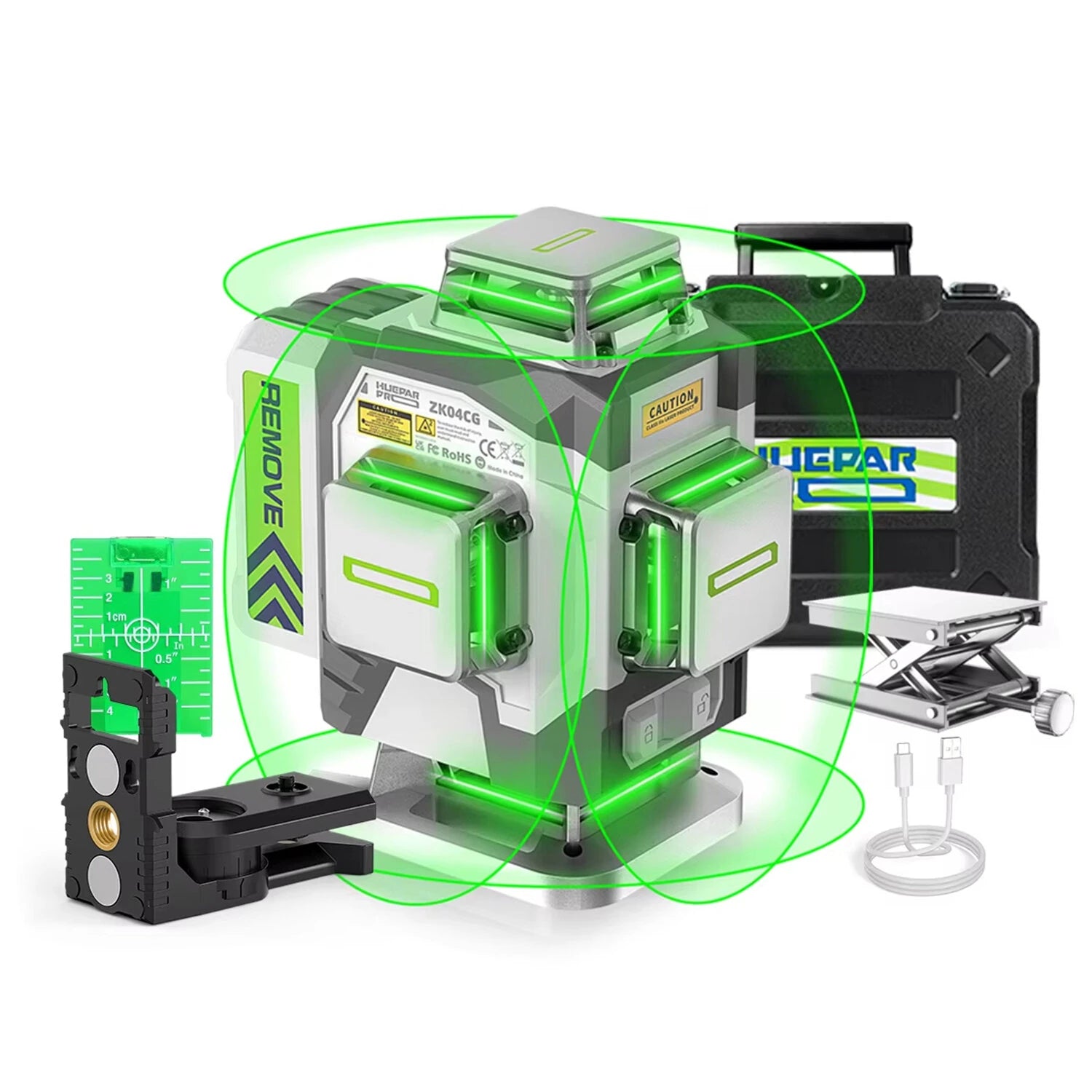 4D 16-Line Green Laser Level, 4x360° Self-Leveling, ±2mm/10m Accuracy, 8000mAh Battery, IP54, USB-C & Remote Control