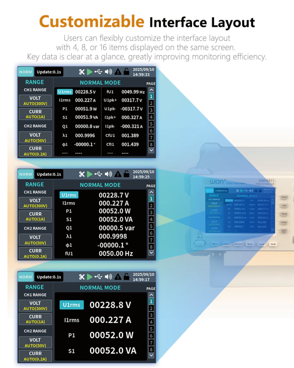 High Precision Power Meter 10 Channels Measurement Energy Monitoring 3.96 Inch TFT LCD RS232 Portable Professional Energy Analyzer