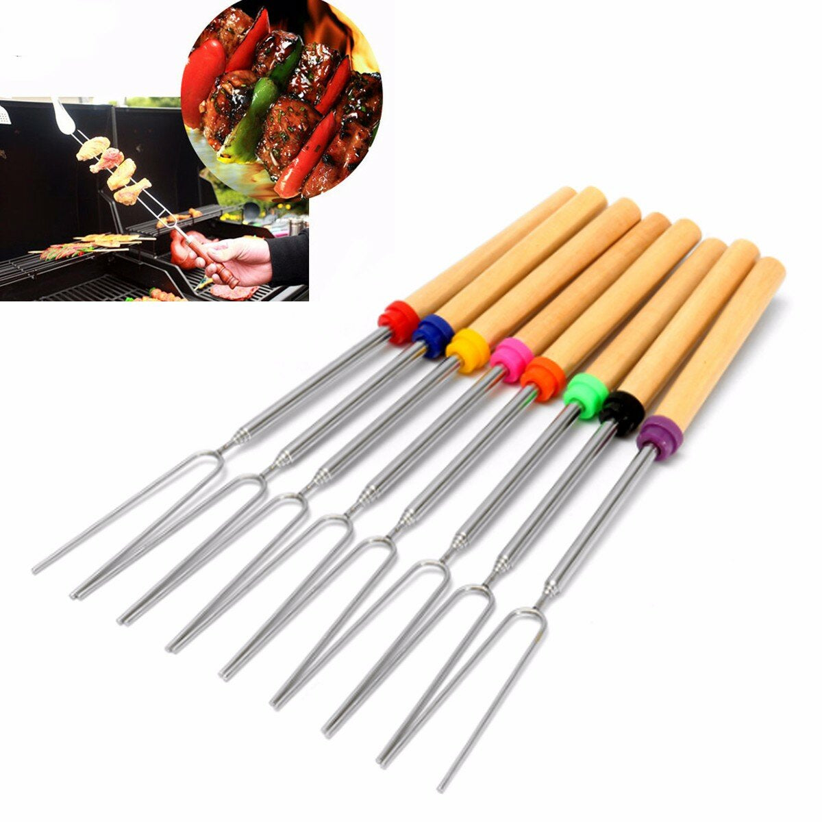 8 Pieces 32-Inch Colorful Telescopic Roasting Marshmallow Barbecue Skewers BBQ Stick Fork BBQ Tools