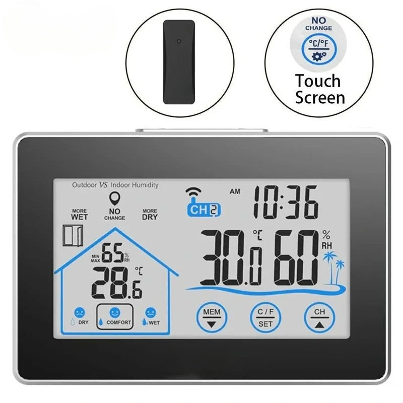 Wireless Weather Station Alarm Clock Touch Screen In/Outdoor Thermometer Hygrometer Forecast Calendar Comfort Indicator Wireless Remote Sensor