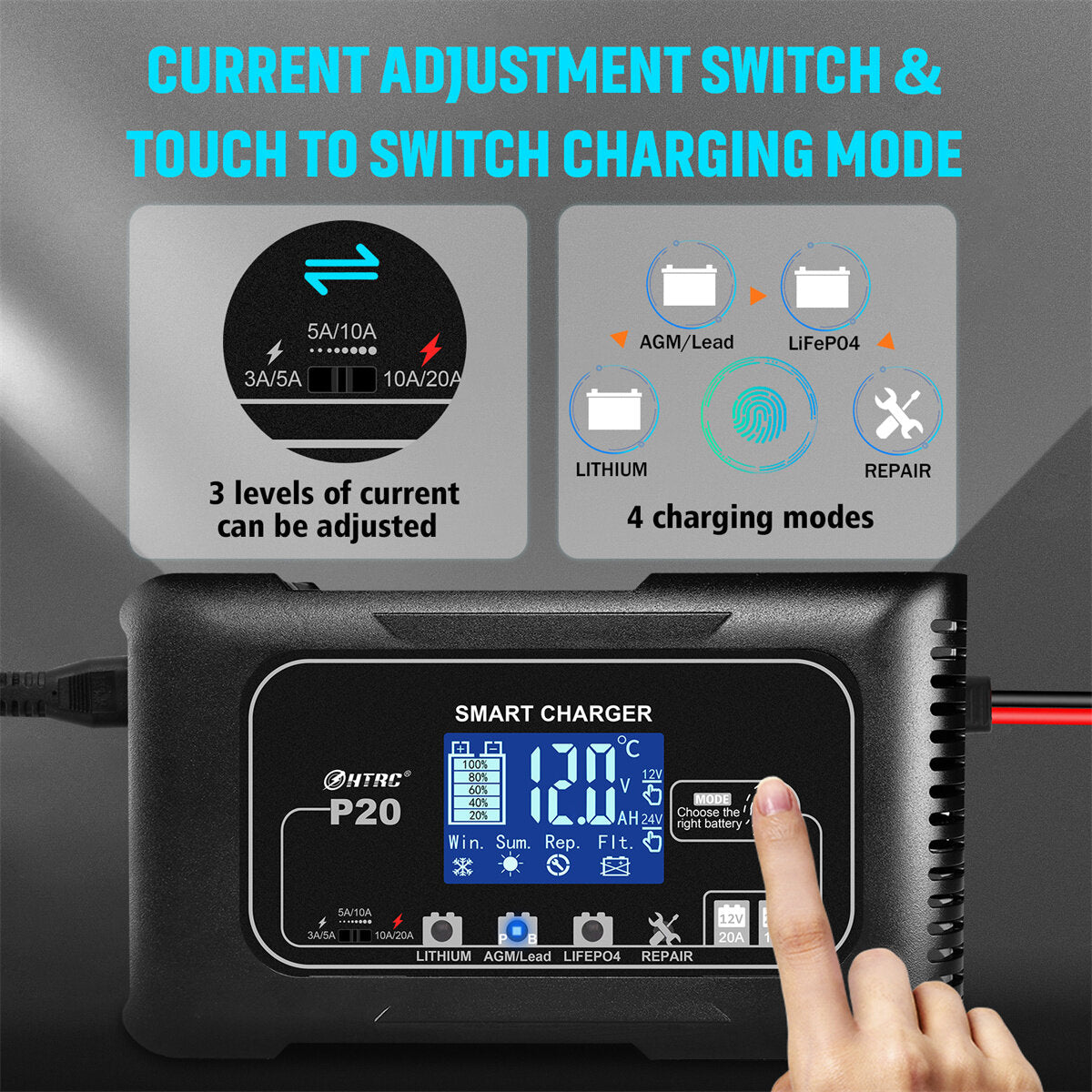 20A P20 12V-24V Smart Battery Charger For Car Motorcycle Battery Repair Charging For Auto Moto Lead Acid AGM Lithium LiFePo4 Batteries
