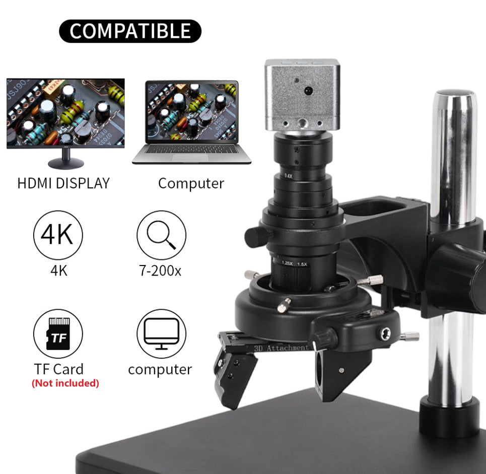 Real 4K UHD 3D Microscope Camera 7- 200X Parfocal Lens Industrial Electronic Digital Microscope for Phone Repair PCB Soldering