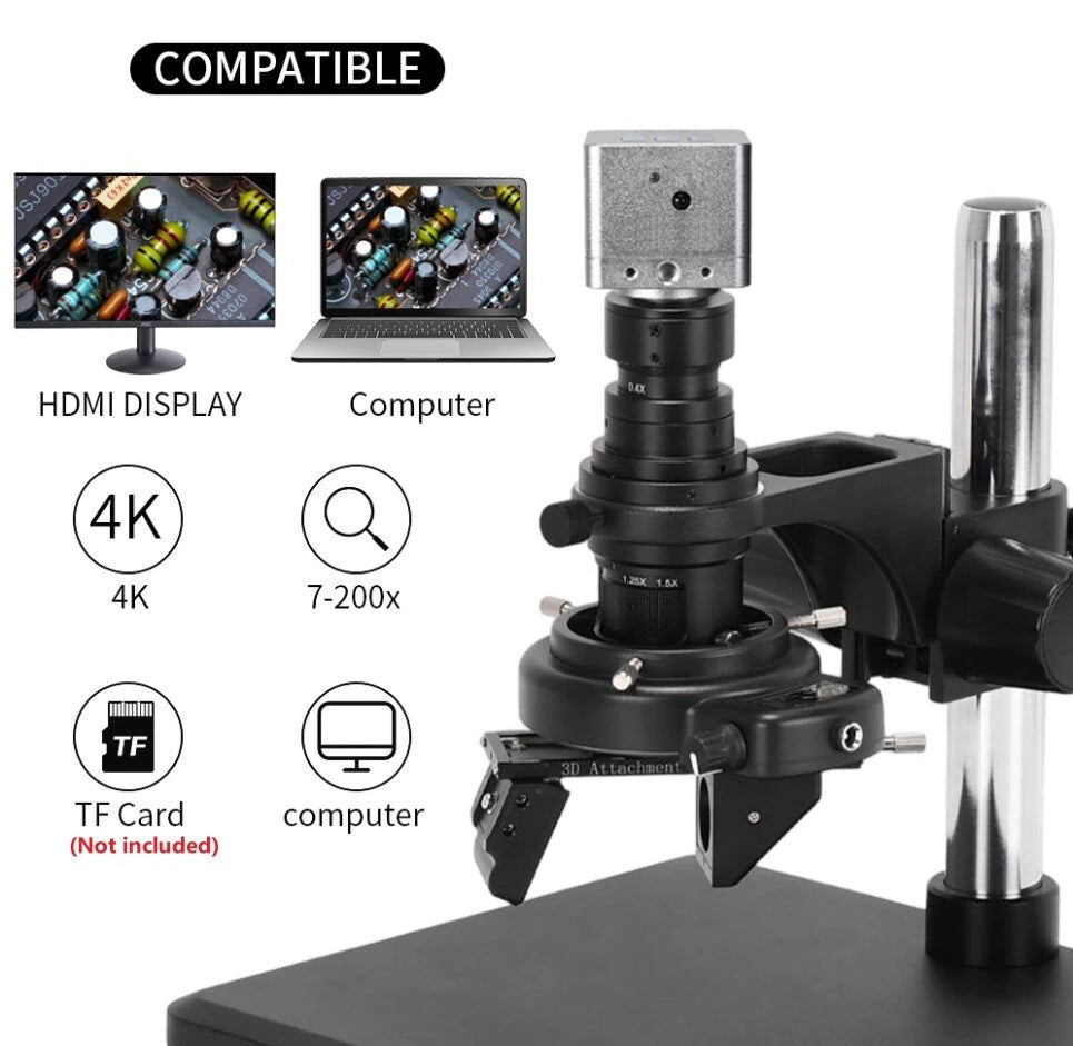 Real 4K UHD 3D Microscope Camera 7- 200X Parfocal Lens Industrial Electronic Digital Microscope for Phone Repair PCB Soldering