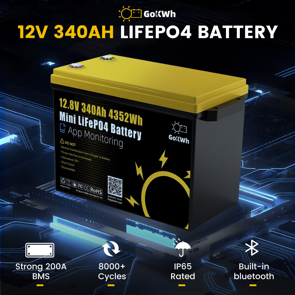 12V 340AH Vehicle Storage Box 4352Wh Mini LiFePO4 Battery Built-in 200A Bluetooth BMS