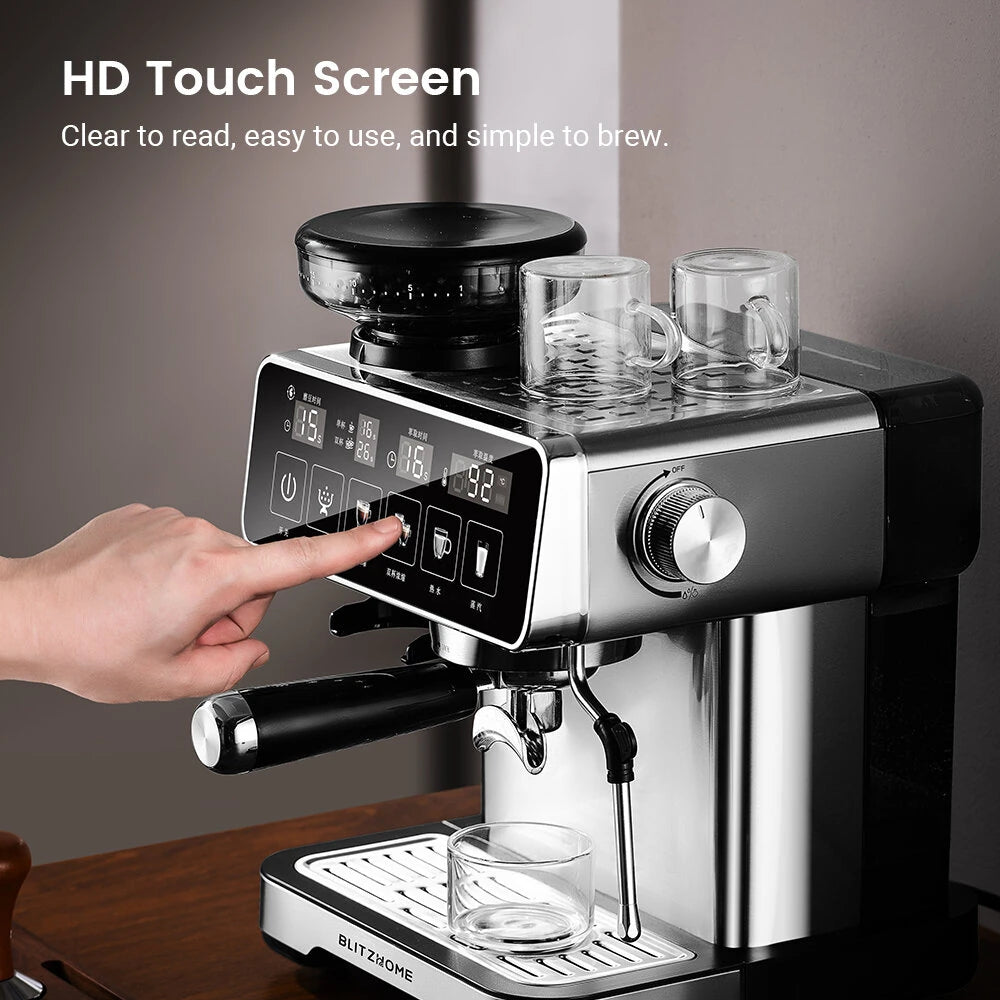 Espresso Coffee Machine 20Bar 1150W with Built-in Conical Burr Grinder PID & NTC 51mm Portafilter Manual Steam Wand