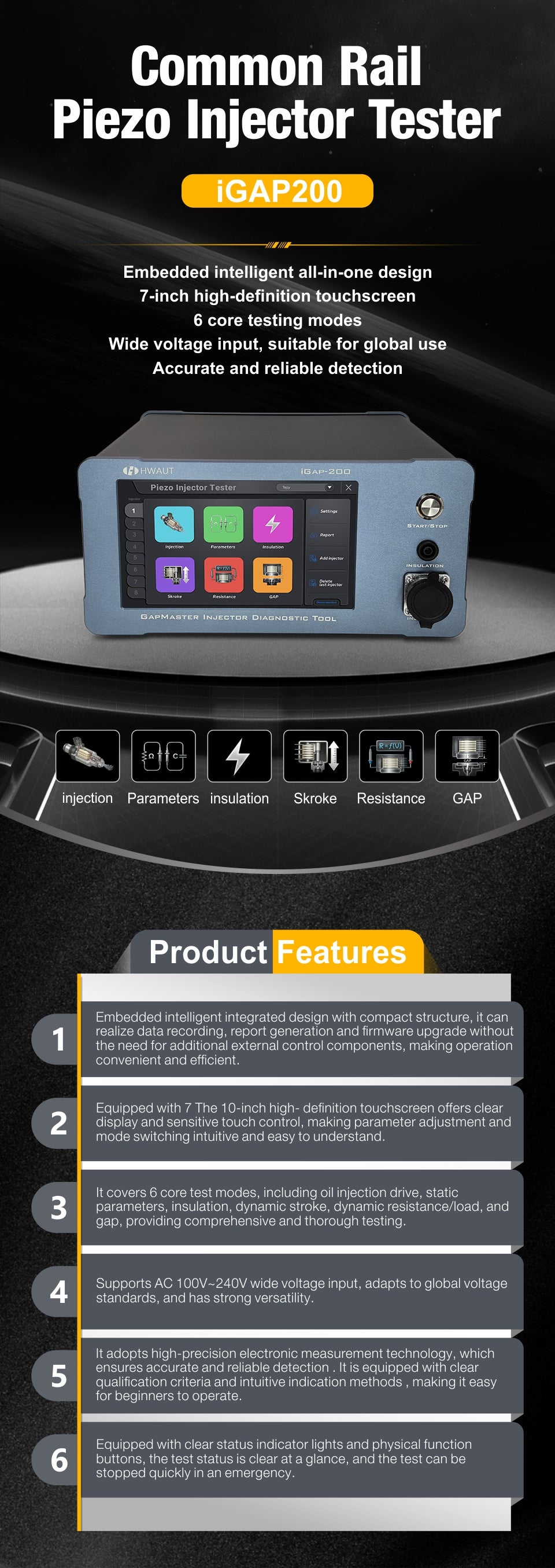 Common Rail Piezo Injector Tester 7-Inch Touchscreen AC 100V-240V 1-30Hz 0-6000us Embedded Intelligent Control System