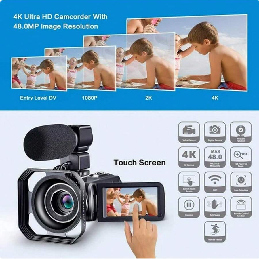 4K Ultra HD Camcorder with 48MP, 18x Zoom, Night Vision, Remote Control, and HDMI Output - Perfect for Videos & Photos