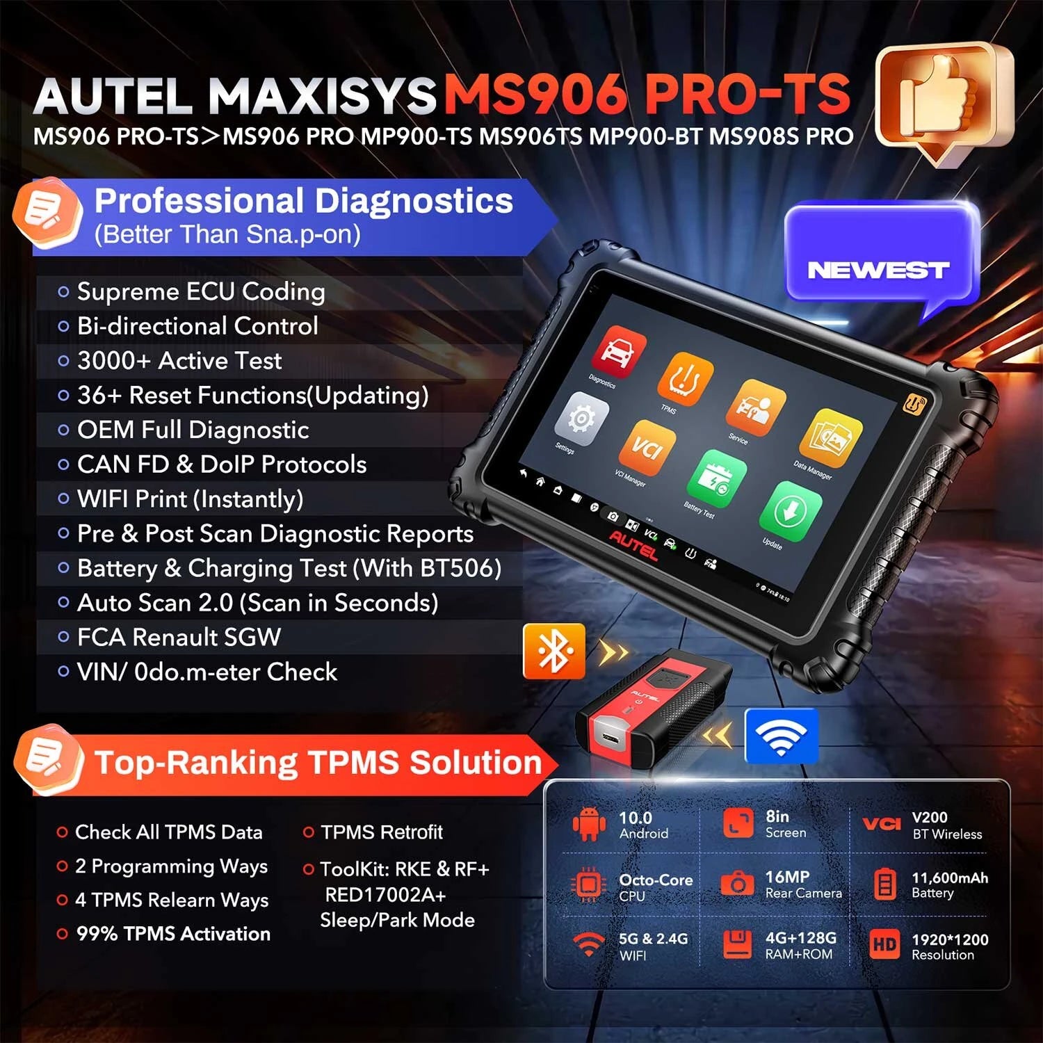Diagnostic Tool 10 Android 8-Inch Screen 16MP Camera CAN FD DoIP TPMS Solution 3000+ Active Tests 36+ Reset Functions