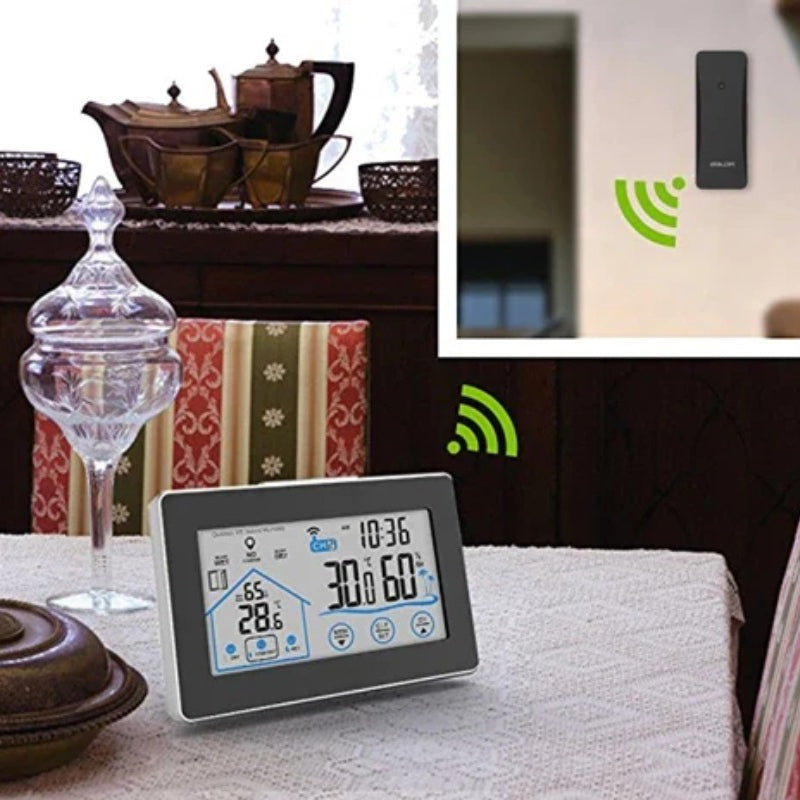 Wireless Weather Station Alarm Clock Touch Screen In/Outdoor Thermometer Hygrometer Forecast Calendar Comfort Indicator Wireless Remote Sensor