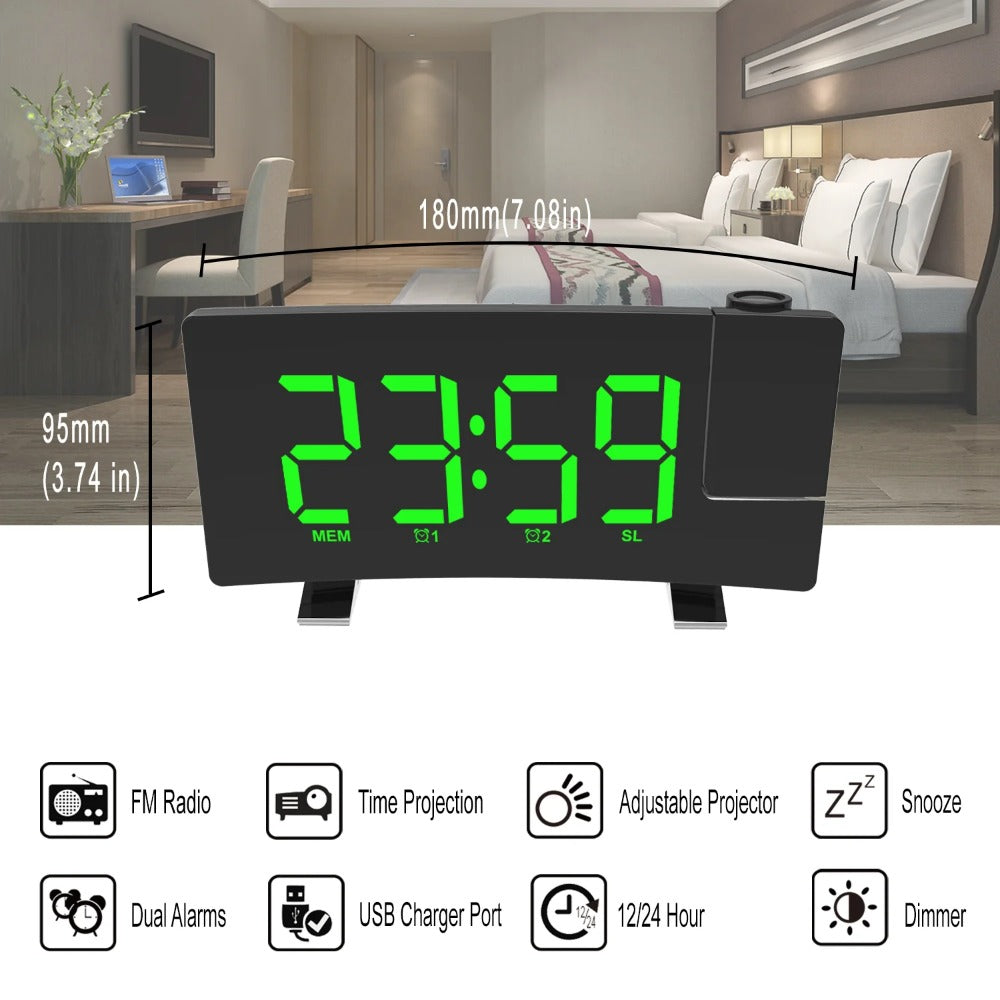 8-Inch Projection Alarm Clock: 180° Projector, FM Radio, Snooze, USB Charger & 3-Level Brightness for Bedroom