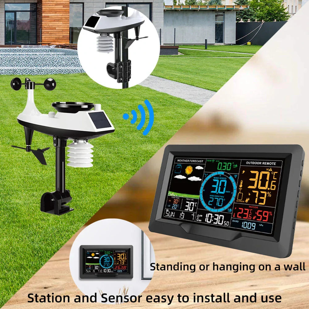 Wireless Weather Station Clock - Indoor/Outdoor Thermometer & Hygrometer with Forecast, Wind/Rain/Moon, Air Pressure Sensor