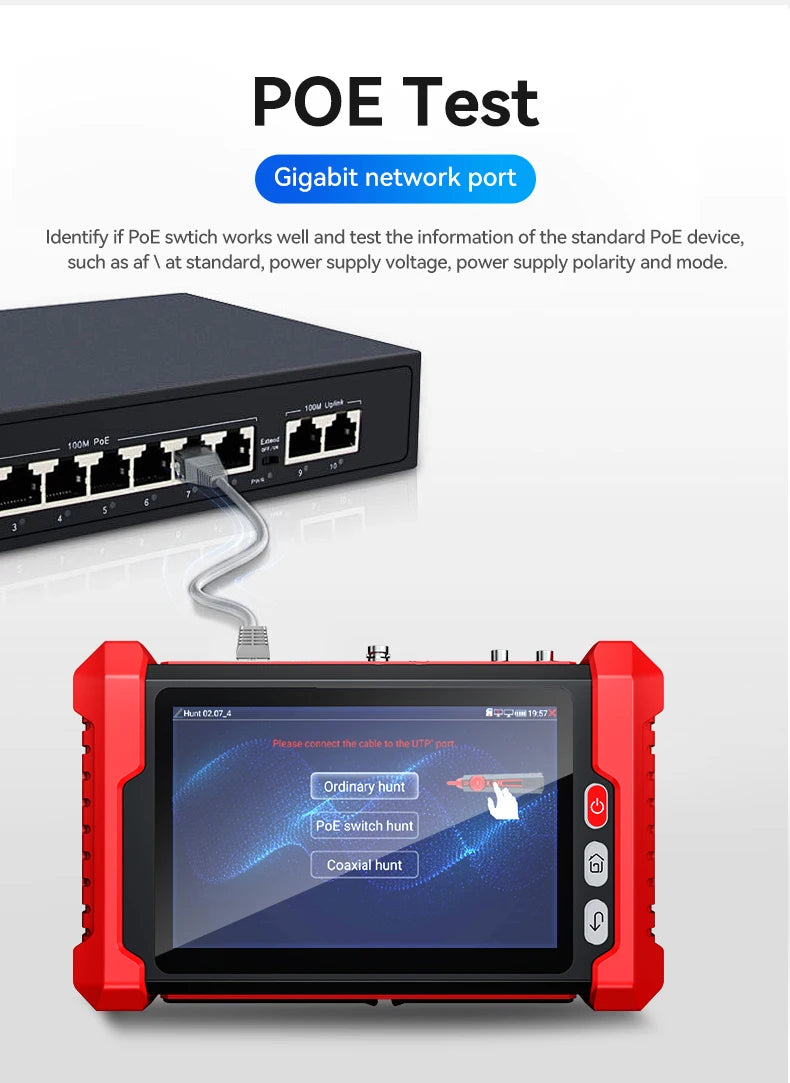 IPC Camera Tester 8 Inch Touch Screen 12V 24V HDMIVGA PoE TDR VFL CVBS AHD TVI CVI IP Camera Tester Optical Power Meter
