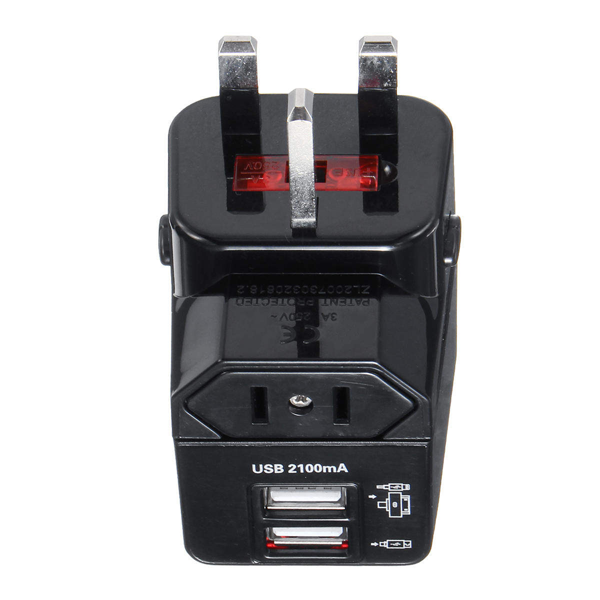 125-250V Universal World Travel Adapter Plug Dual USB Port w/ Surge Protector