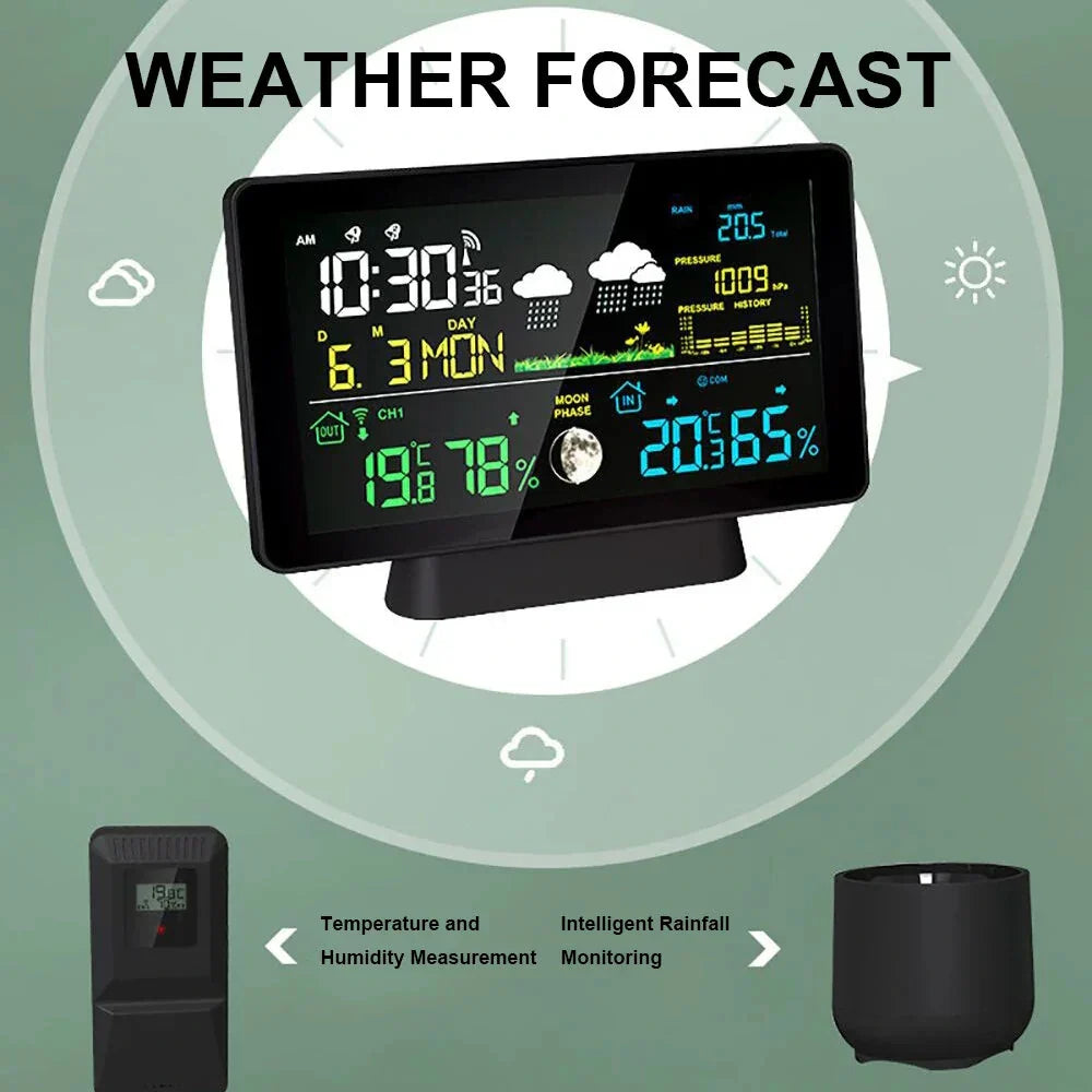 Multi-Function Wireless Weather Station - Indoor/Outdoor Thermometer with Rain Gauge, Humidity, Pressure & Color Screen Alarm Clock