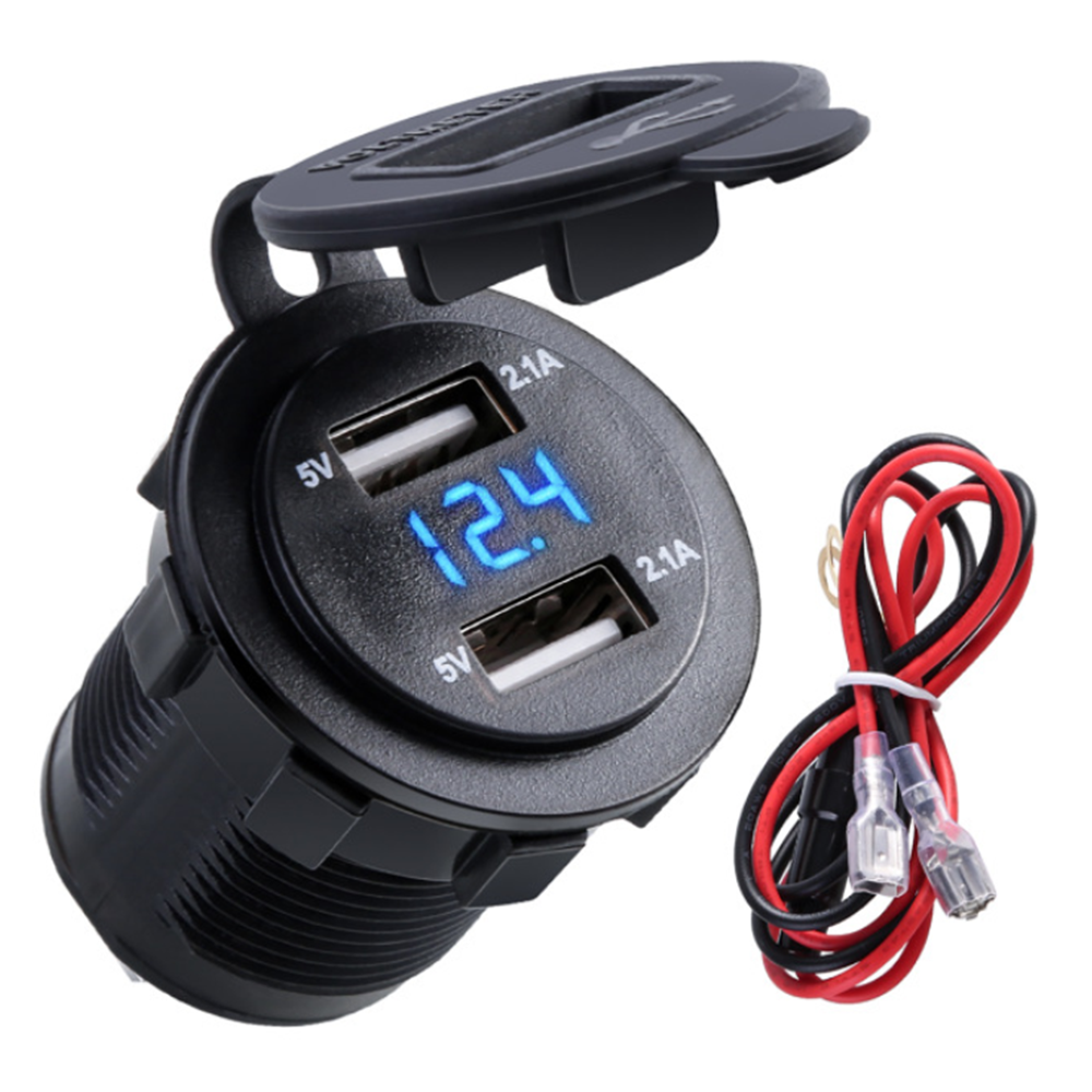 4.2A Waterproof Car 2 Port Dual USB Charger Socket Power Outlet with Voltmeter LED Light for 12-24V Car Boat Marine ATV Motorcycle