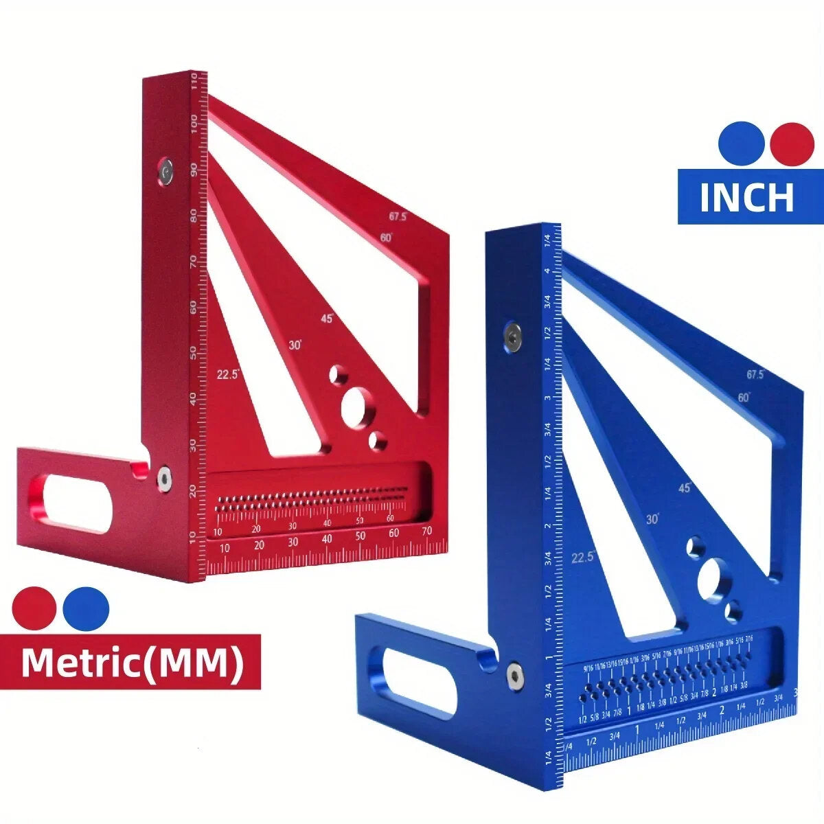 3D Multi-Angle Square Protractor - Aluminum Alloy, Measures 22.5°-90°, Precision Tool for Woodworking, Blue/Red Options