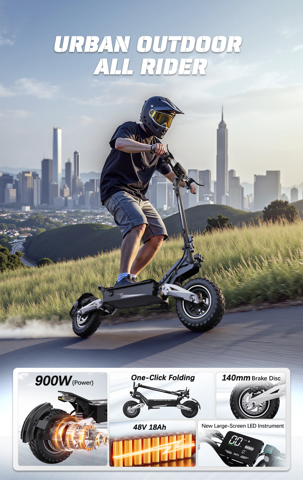 Electric Scooter 48V 18AH Battery 900W Motor Recommended Top Speed 25KM/H 11inches Tires 80KM Max Mileage 120KG Max Load Folding E-Scooter